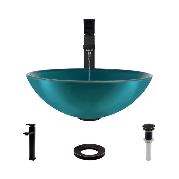 Rene R5-5001-CER-R9-7003 16-1/2" Glass Vessel Bathroom Sink with Vessel Faucet, Sink Ring, and Vessel Pop-Up Drain