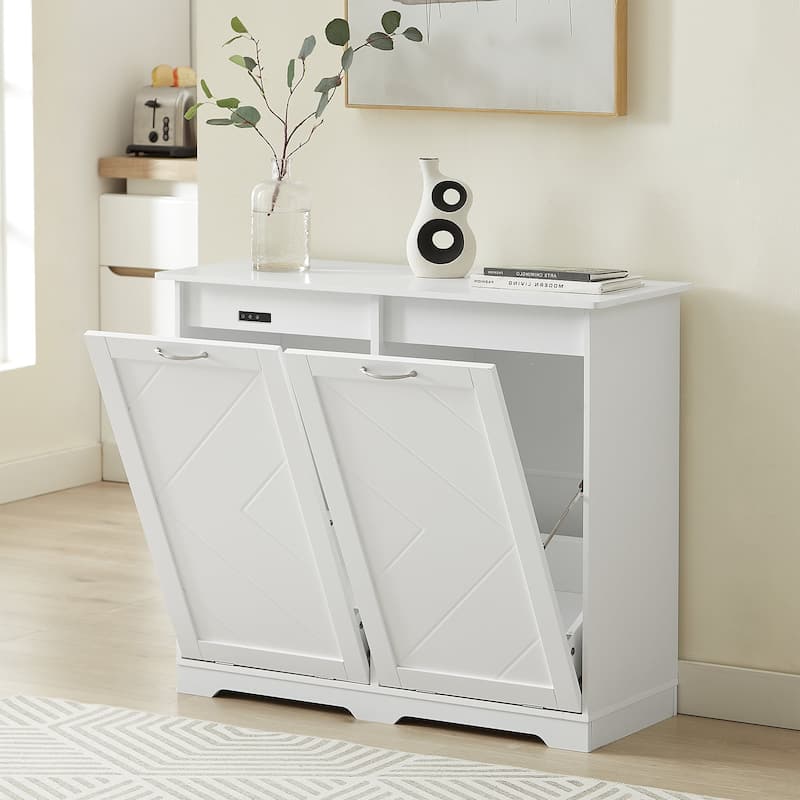 Double Tilt Out Trash Cabinet Free Standing 10 Gallon Recycling Trash Can Cabinet with negative ion and deodorizing function - White