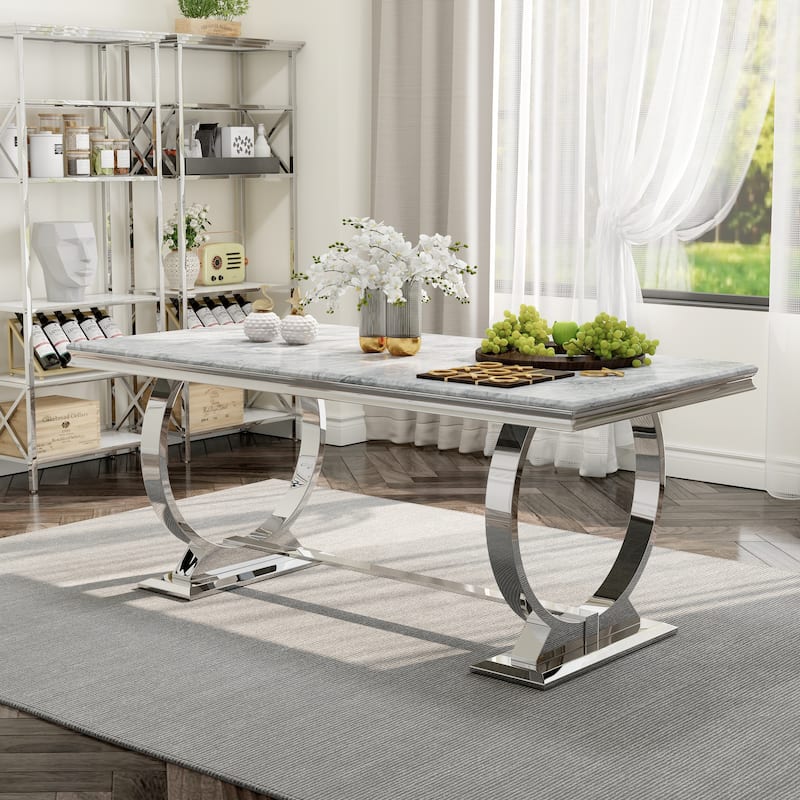 White and Gold Dining Room Table Set with 72 inch Table and White PU Leather Dining Chairs