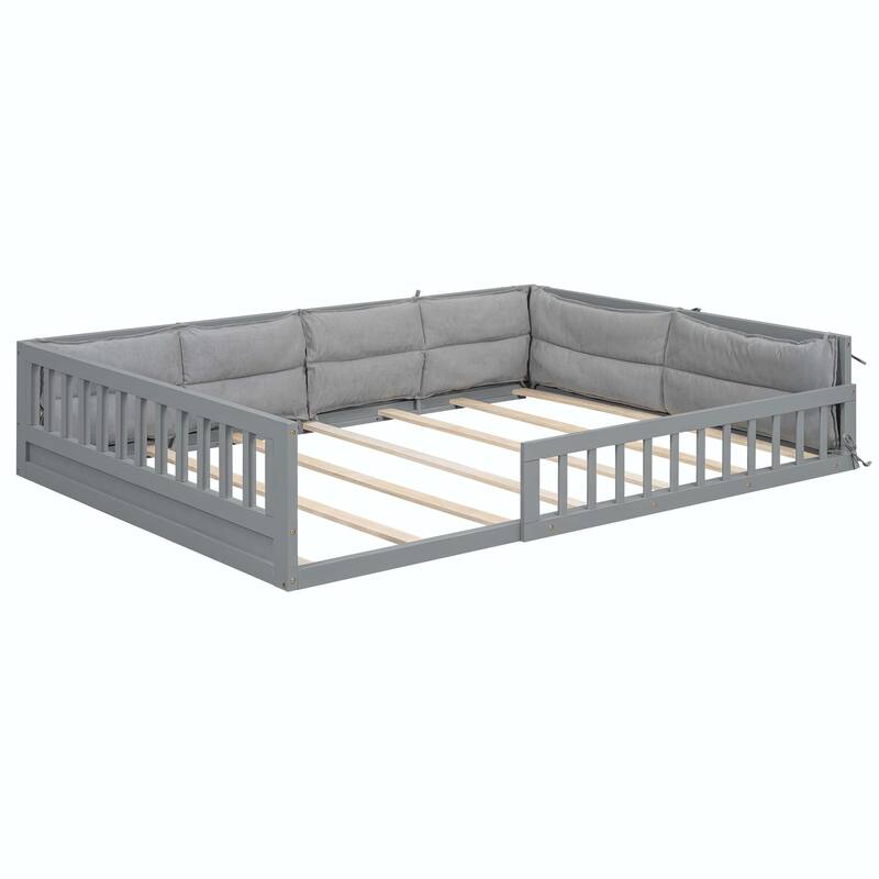 Wood Upholstered Platform Bed with Guardrail and Pillow