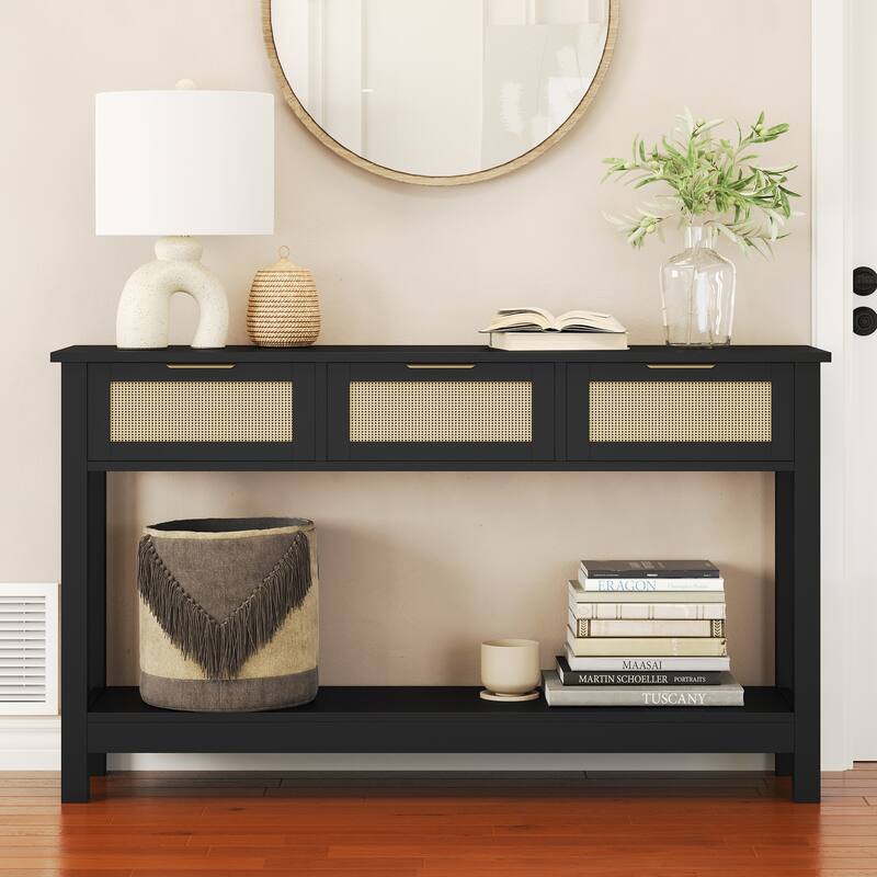 JASIWAY Boho Rattan Console Table Entryway Table Storage Cabinet - Black