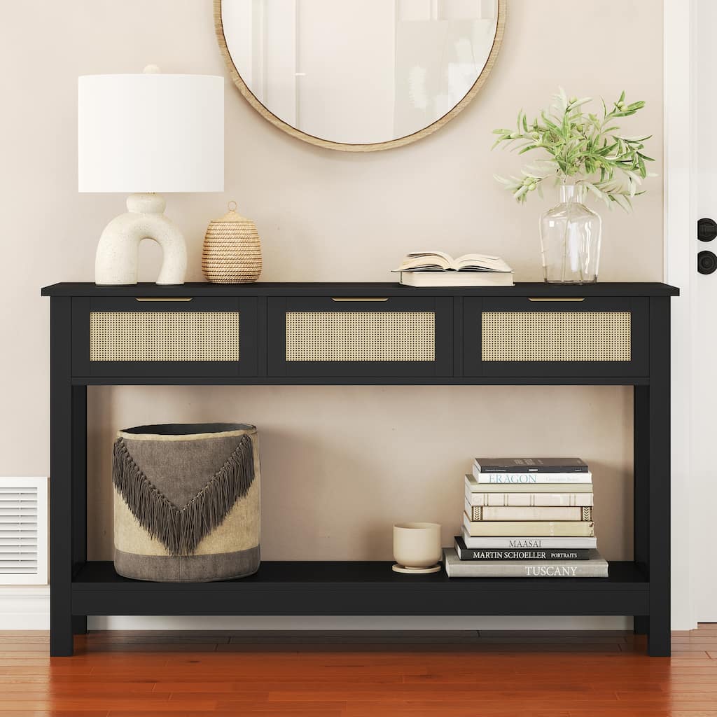 JASIWAY Boho Rattan Console Table Entryway Table Storage Cabinet