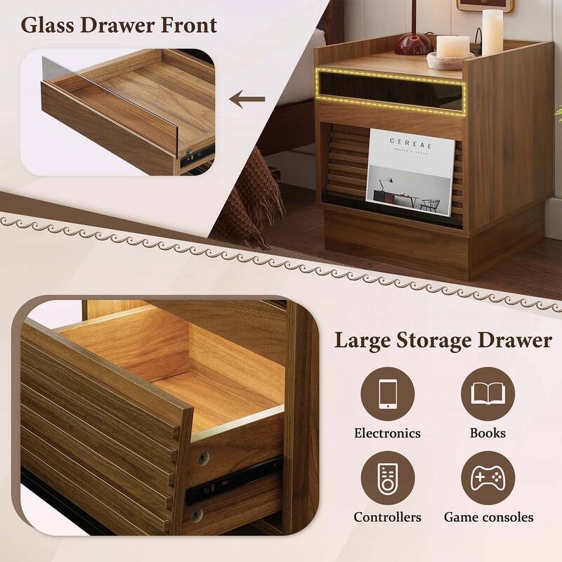 Modern Nightstand with Charging Station and LED Lights