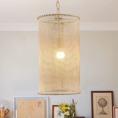 Lusteria 1-Light Farmhouse Beige Woven Hemp Rope Pendant Light