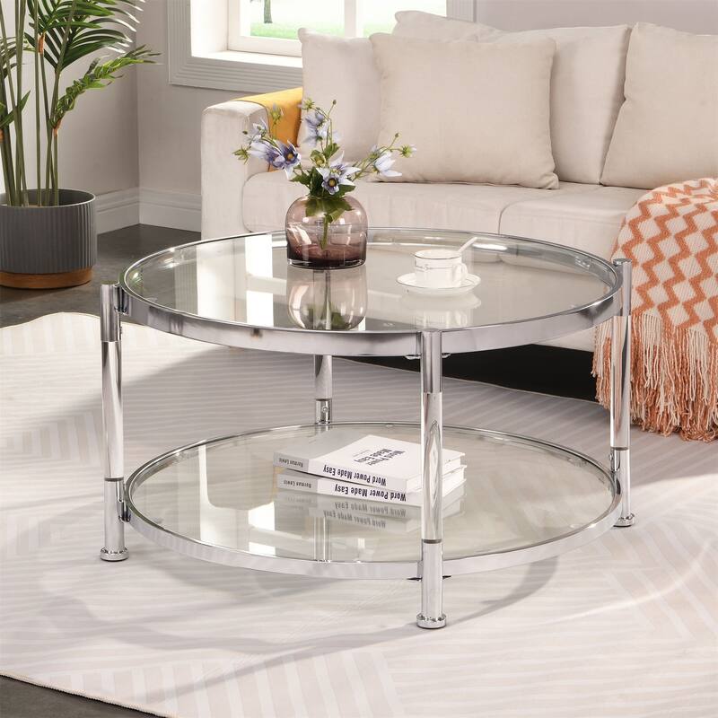 2-Tier Storage Shelf Center Table Contemporary Round Coffee Table with Tempered Glass Tabletop End Table with Chrome Frame - Chrome