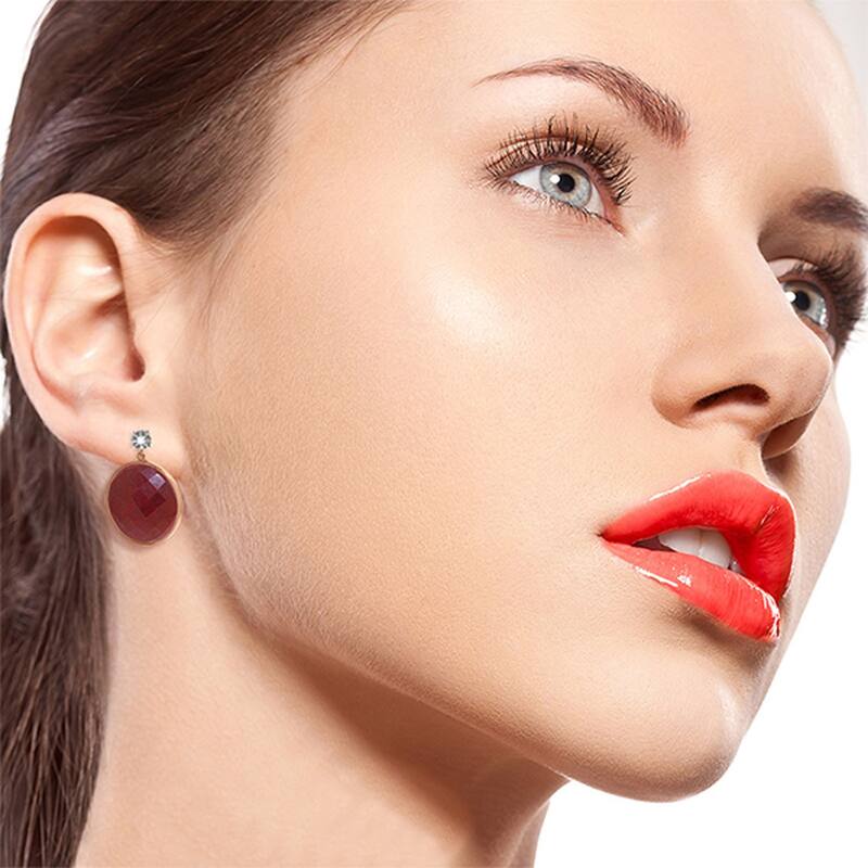 14K Solid Gold Diamonds Earrings w/ Dangling Round Cut Dyed Rubies