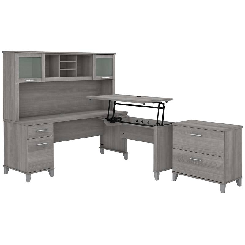Somerset 72W Sit to Stand L Shaped Desk with Hutch and Cabinet in Gray