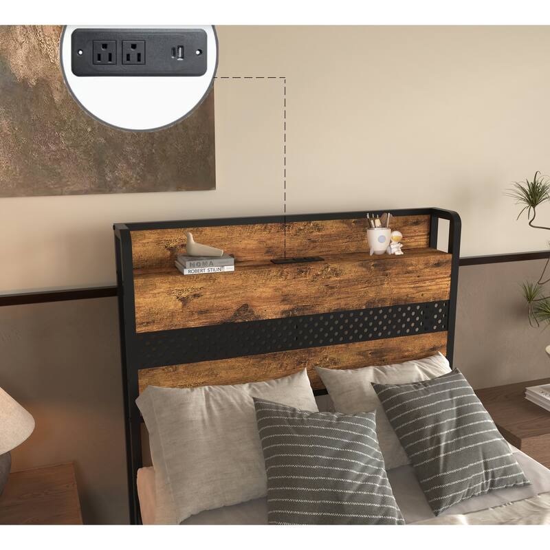 Twin Size Metal Platform Storage Bed Frame with Lights Strips Headboard, Charging Station 2 Plug Outlets 2 USB Ports 4 Drawers