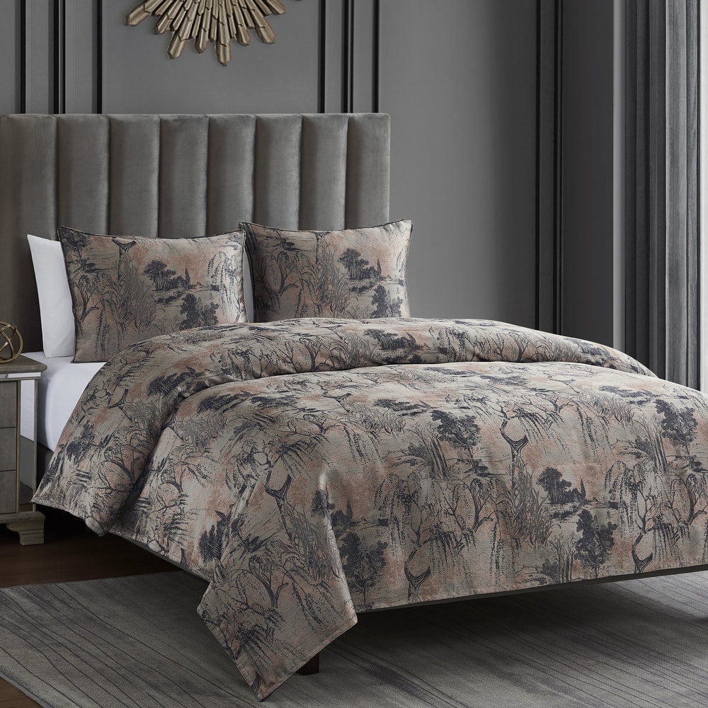 HiEnd Accents Pastoral Jacquard Modern Luxury Bedding Metallic Tree 3 Piece Comforter Set