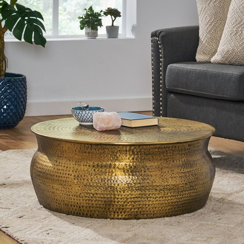 Roomfitters Drum Coffee Table, Round Metal Living Room Center Table with Hammered Design, Modern Accent Table, Coppery