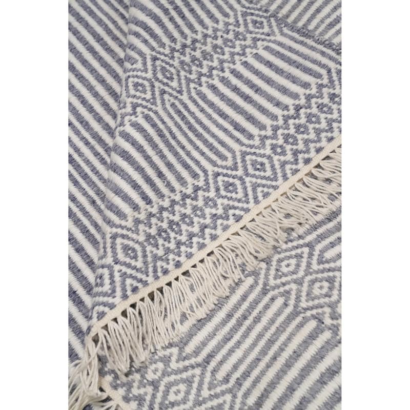 Hand Woven Oriental 100% Wool Carpet Traditional Geometric Navy Blue & Blues Durrie-Kilim Area Rug - 8' 0'' X 5' 0''