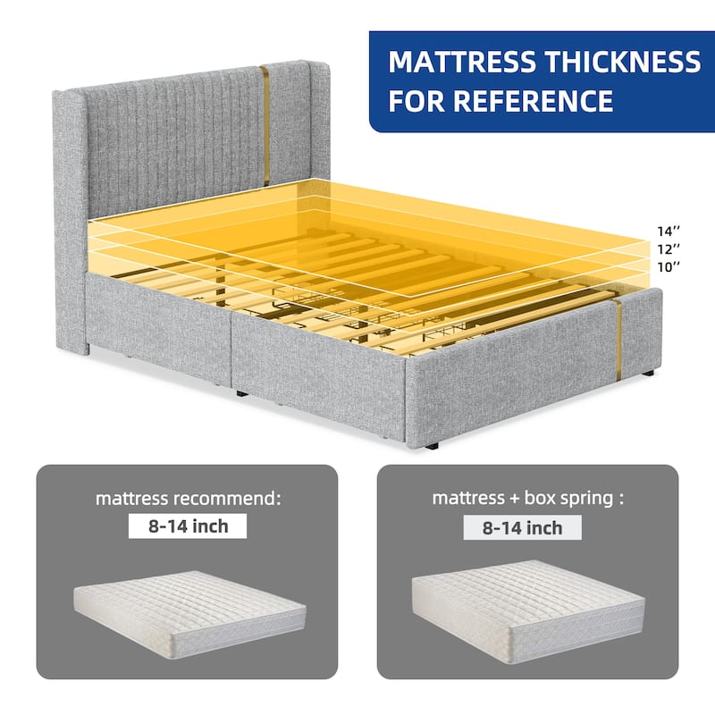 Moasis Upholstered Platform Bed Frame with Wood Slats Linen Headboard