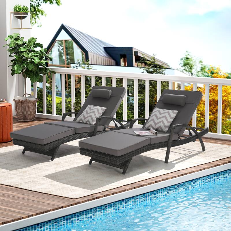 Wicker Curved Lounge Chair Set of 2, Outdoor Reclining Chairs with Cushions & 5 Adjustable Reclining Angles