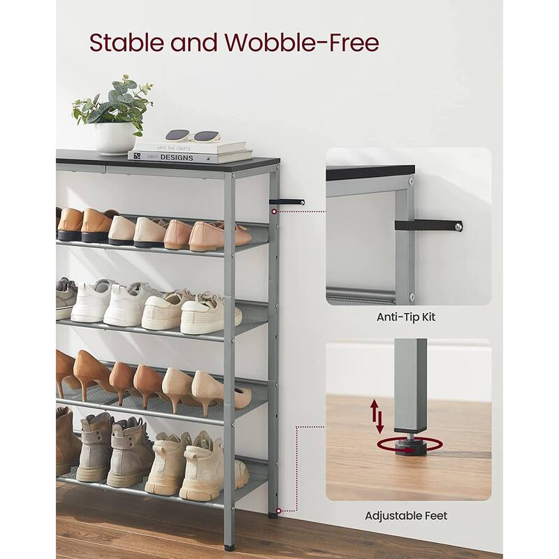 Brown Wood 5-Tier Shoe Rack with Storage Shelves and Spacious Top - 11.8”D x 29.5”W x 36.6”H