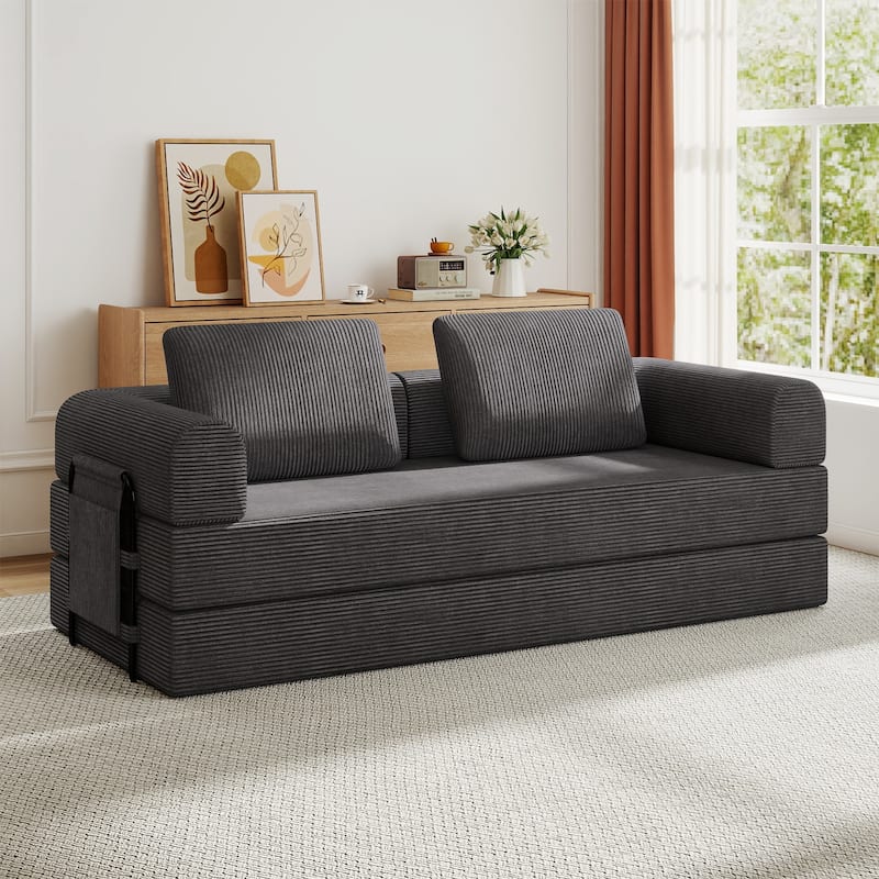 Convertible Sleeper Sofa Bed, Corduroy Folding Sleeper Couch with Pillow, Boneless Couch for Living Room, Floor Lounge Sofa - Dark Grey