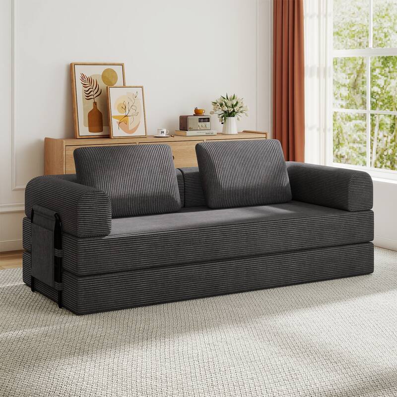 Convertible Sleeper Sofa Bed with Cylindrical Pillow - Corduroy Folding Mattress Couch with Fixed-Shape Frame - Dark Gray