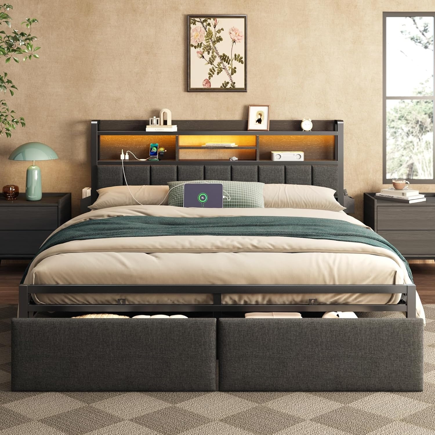 King Bed Frame with Wood Headboard, Storage Drawers, LED Lights, Charging Station, No Box Spring Needed, Easy Assembly, Black