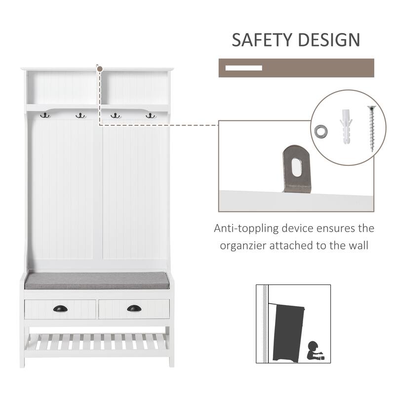 HOMCOM Coat Rack and Bench Hall Tree Organizer with 4 Hooks, 2 Drawers with Padded Seat Cushions for Entryway, White