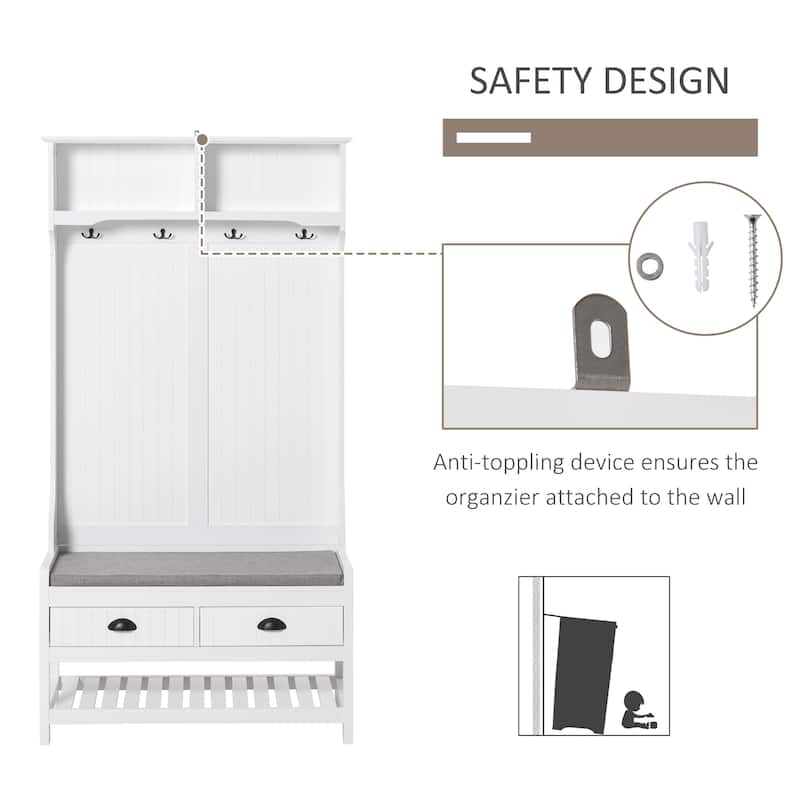 Modern Coat Rack with Shoe Rack 2 Drawers 4 Hooks and Padded Seat Cushion, for Entry and Hallway, White