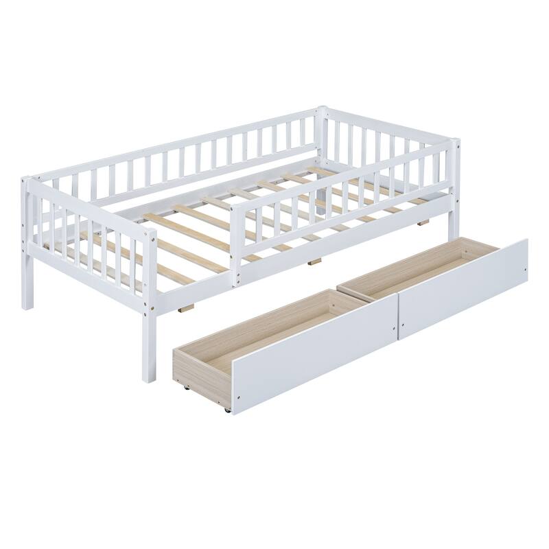 Twin Size Daybed Wood Bed Wood Platform Bed Frame No Box Spring Needed, 2 Extendable Wood Drawers with Trundle for Boys Girls