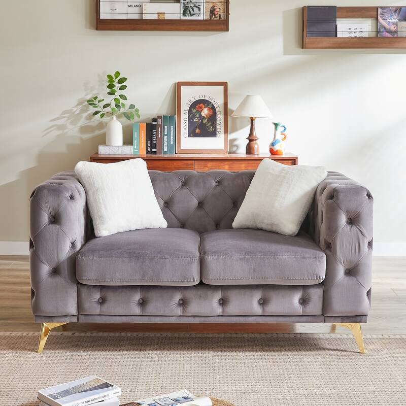 61.25-Inch Deluxe Velvet Sofa With Chesterfield Tufted Buttons With 2 Pillows And Metal Feet - Grey
