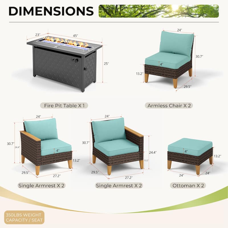 8-Piece Patio Outdoor Wicker Sectional Sofa Set, Large Seating Furniture Conversation Sets with Fire Pit Table