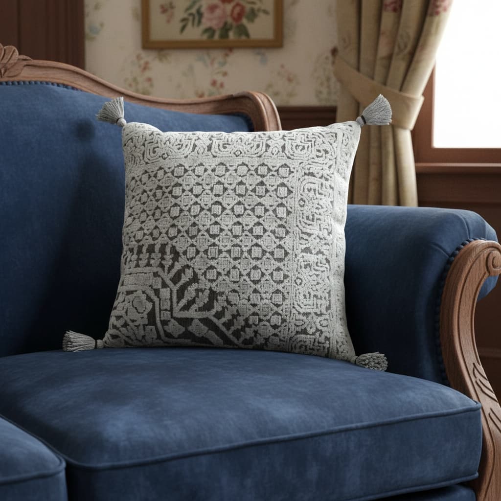 18" Gray And Silver Geometric Viscose Throw Pillow Cover with Tassels