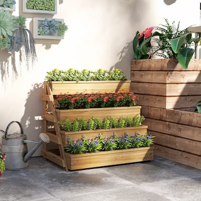 Outsunny 4 Tier Wood Raised Garden Bed with Drainage Holes, Vertical Garden Planter Freestanding Garden Bed, Outdoor Planter Box