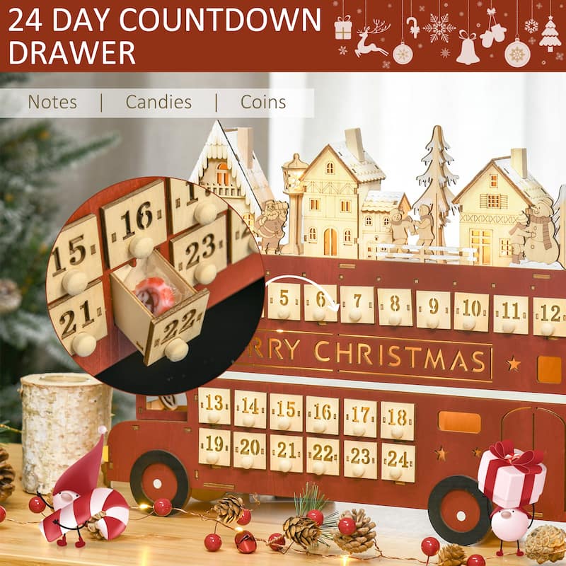 CUSchoice Light Up Wooden Advent Calendar Bus with Countdown Drawer