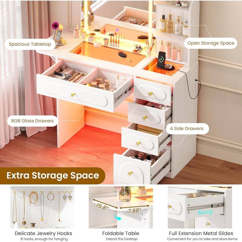 Vanity Desk with Large Mirror and LED Lights 5 Drawers Shelves Glass Top