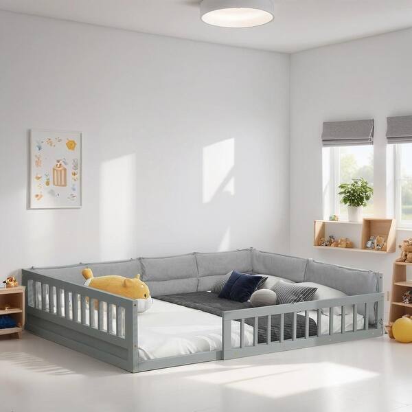 slide 2 of 9, Full Size Upholstered Platform Bed Frame with Full Length Guardrail, Pine Wooden Bed with Pillow, Subdued Gray