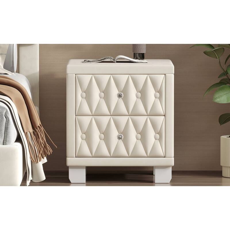 Elegant Velvet 2-Drawer Nightstand with Crystal Handles - Button-Tufted Storage Bedside Table (Beige)