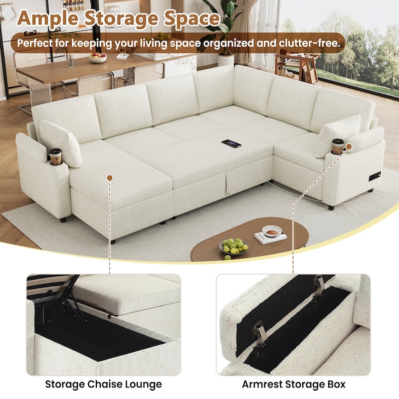 109.9" U-Shaped Convertible Sectional Sofa Bed with Storage Chaise Cup Holders Power Outlets USB Ports Chenille Couch