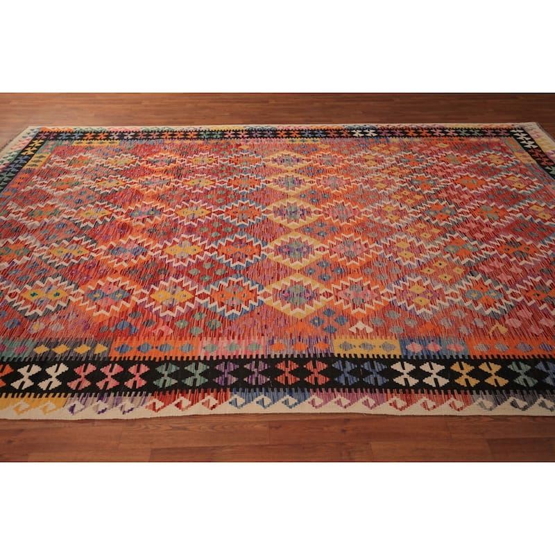 Orange Geometric Kilim Oriental Area Rug Flatweave Wool Carpet - 8'3" x 11'8"