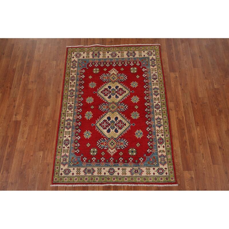 Red Geometric Kazak Accent Rug Hand-Knotted Wool Carpet - 3'5" x 4'10"