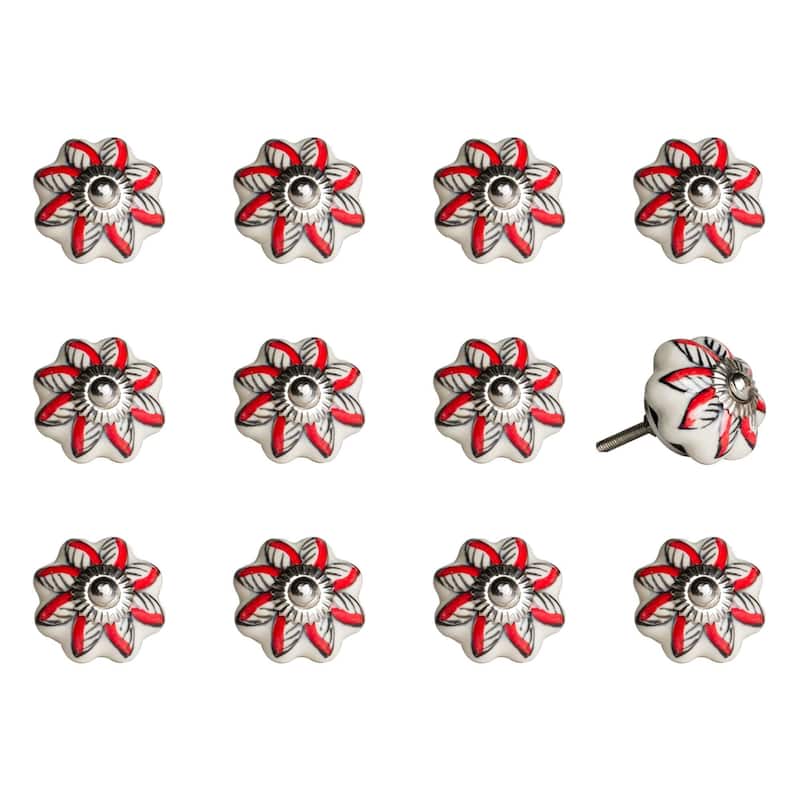 HomeRoots Set of Twelve Yellow And Black Floral Ceramic Drawer Pull Knobs - 1.5" x 1.5" x 1.5"