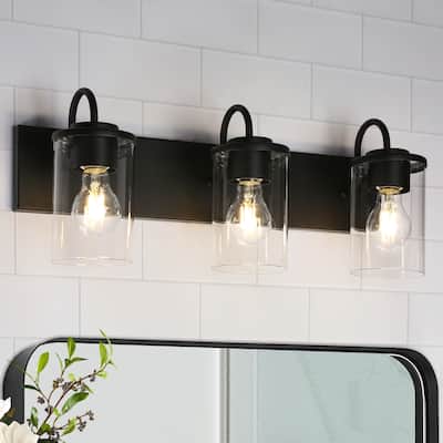 Modern Industrial 3-Light Bathroom Vanity Light Black Glass Wall Sconces - W 21.7" x D 3.9" x H 8.9"