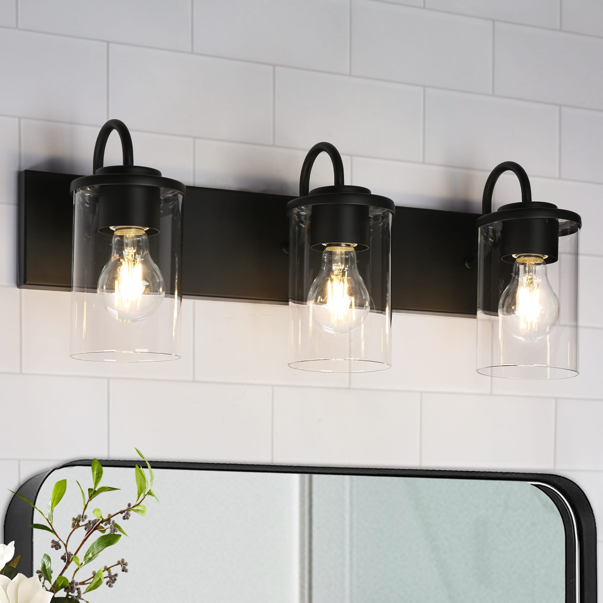 Modern Industrial Black 3-Light Bathroom Vanity Light Glass Wall Sconce - W 21.7" x D 3.9" x H 8.9"
