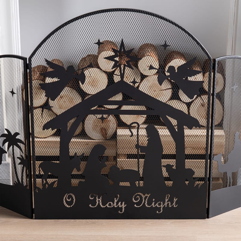 Glitzhome 29.75"H Christmas Metal Mesh Silhouette Nativity Scene Screen - Black