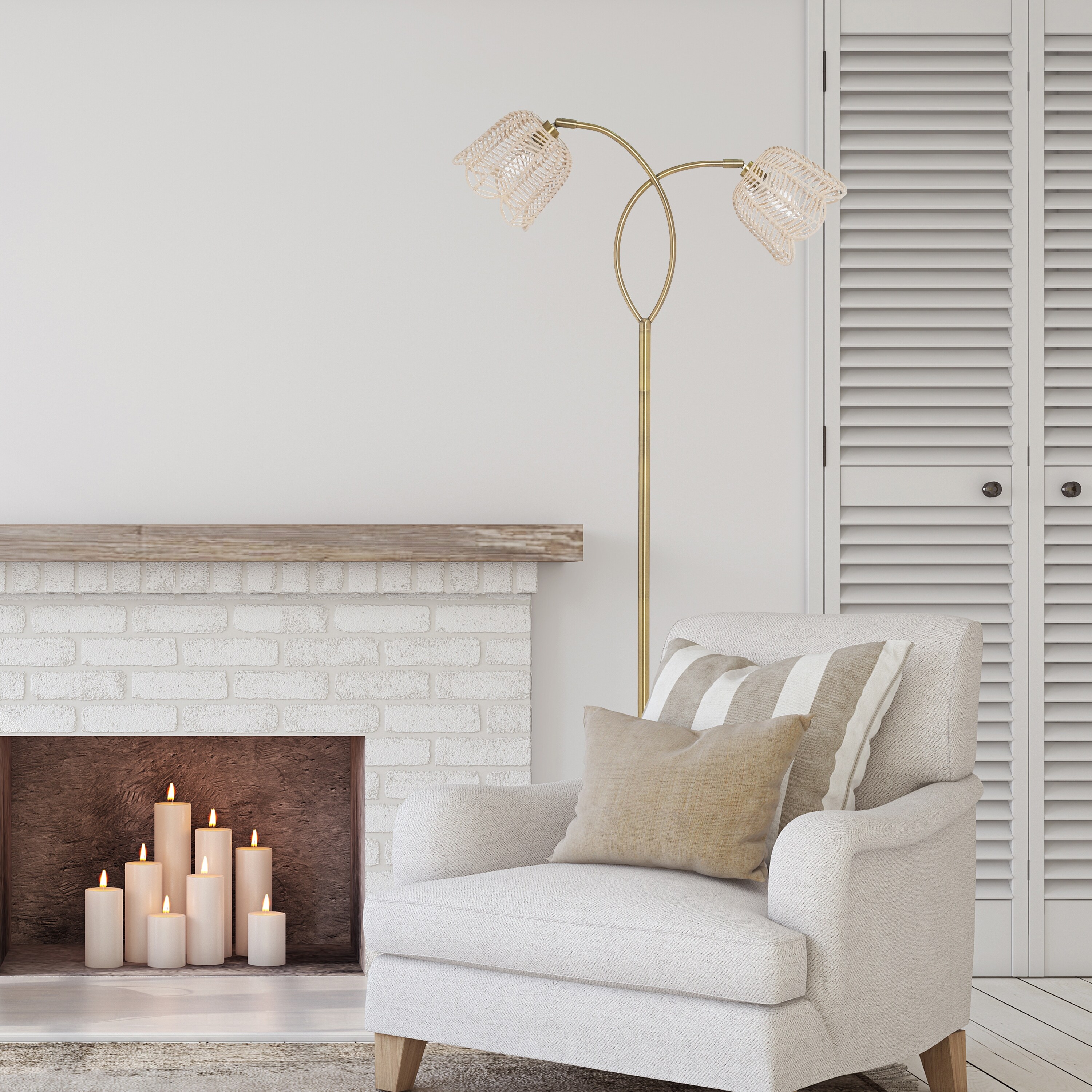 61 Meg Brushed Gold Metal Candlestick Floor Lamp with Rattan Shades River of Goods