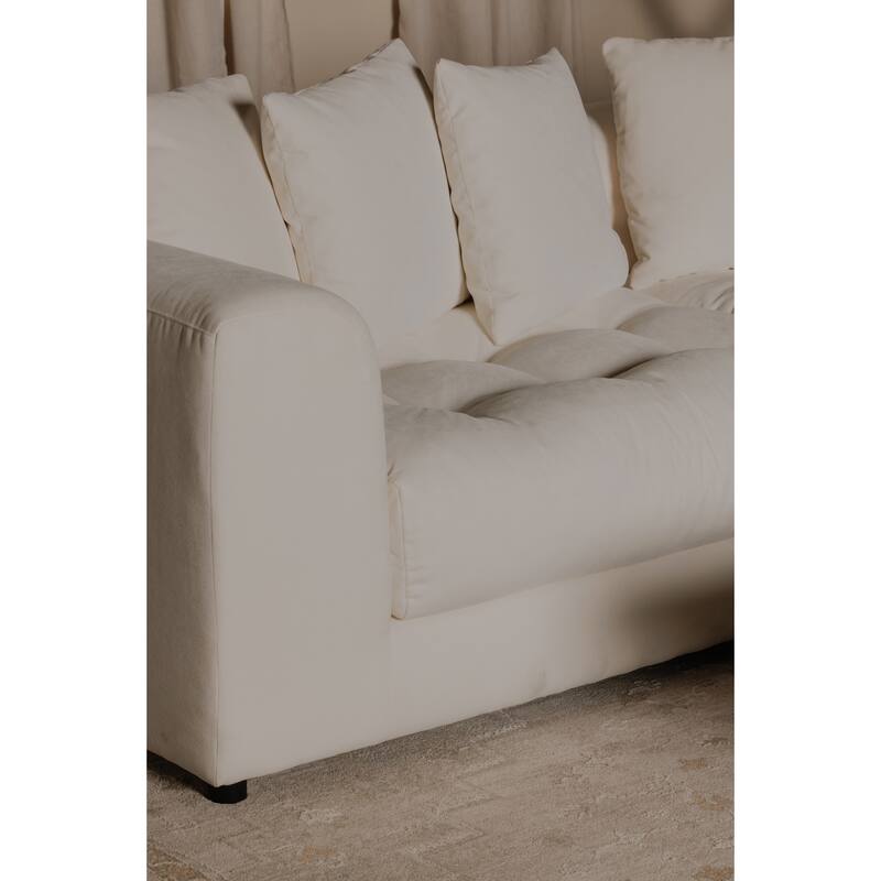 NADAAL STUDIOS Lioraelle Sofa, Soft Velvet Upholstery with Tufted Bench Seat and Six Back Cushions, Warm White