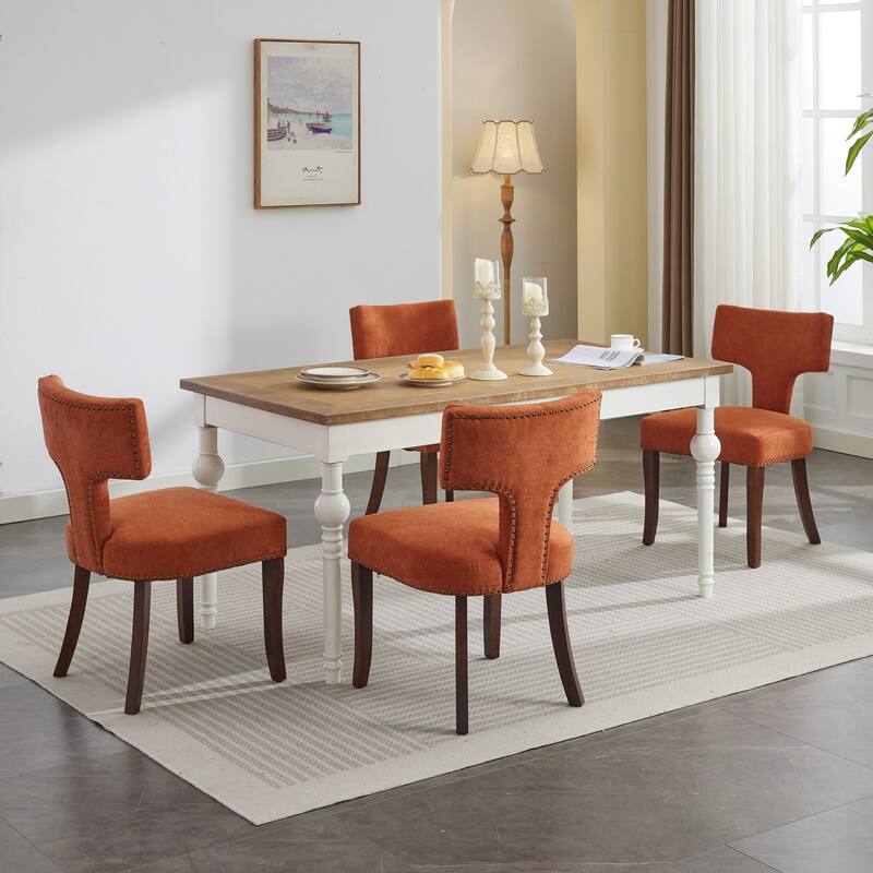 Modern Dining Chairs Set of 2, Linen Fabric Upholstered Accent Chair Curved Backrest Kitchen Chairs with Rubberwood Frame