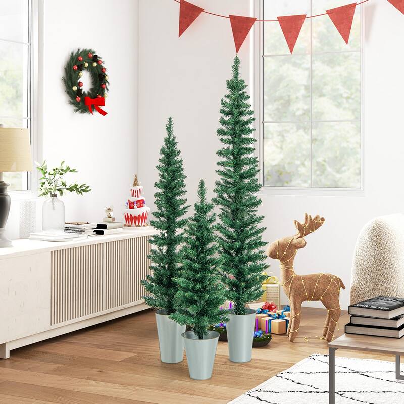 3/4/5 FT Faux Slim Pencil Trees Potted Artificial Christmas Tree