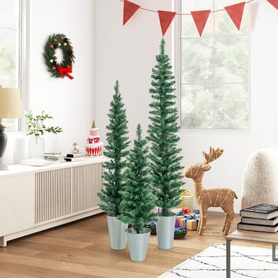 3/4/5 FT Faux Slim Pencil Trees Potted Artificial Christmas Tree