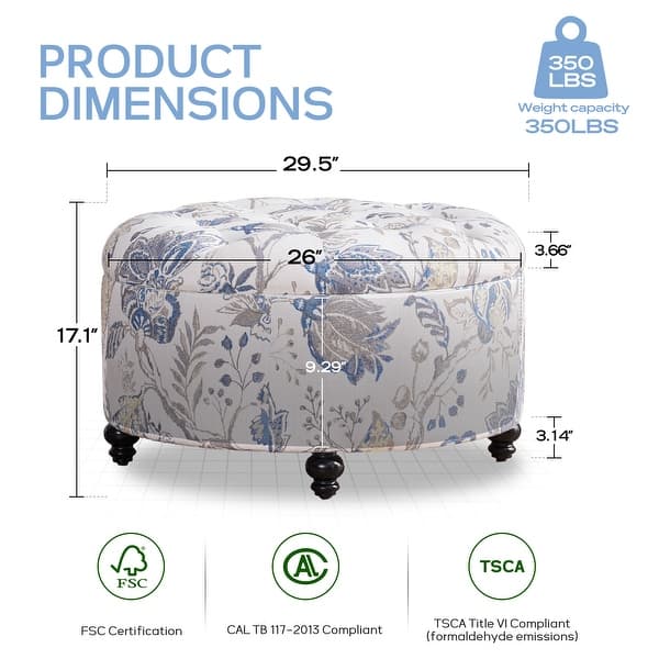 dimension image slide 4 of 5, Tufted Large Round Storage Ottoman Footrest Beige/ Grey/ Blue