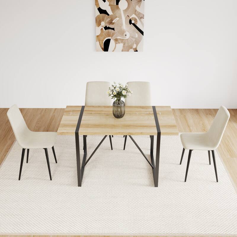 Beige Dining Room Table and Linen Chairs, Simple Kitchen Table with Metal Frame, Side Chairs with Metal Legs