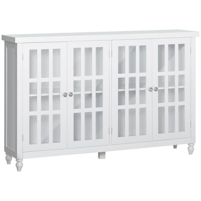 Buffet Cabinet with 4 Tempered Glass Doors,Stripe Pattern and Adjustable Storage Shelf - White
