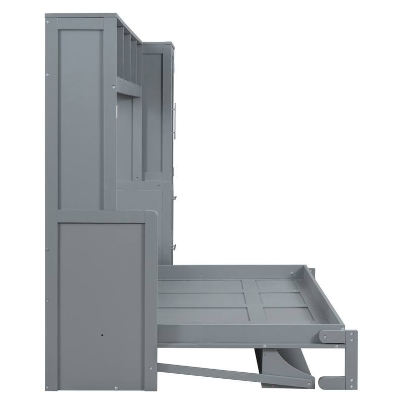 Queen Size Wall Murphy Bed with Open Shelves, Closet and Drawers