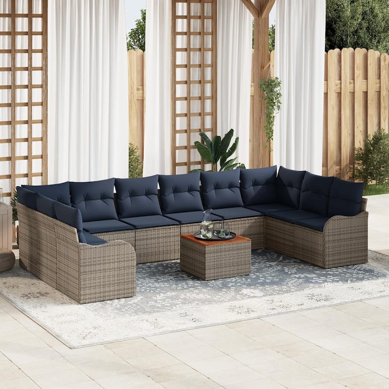 vidaXL 11 Garden Sofa Set with Cushions Black/Grey Poly Rattan - 135.4 x 69.9 x 27.2 - Grey