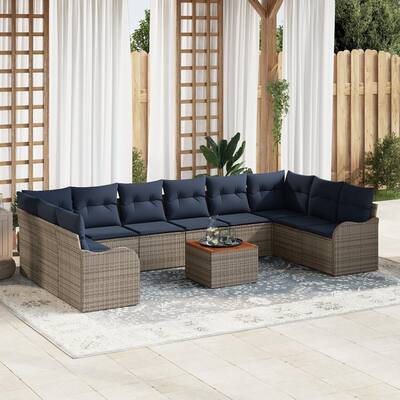 vidaXL 11 Garden Sofa Set with Cushions Black/Grey Poly Rattan - 135.4 x 69.9 x 27.2